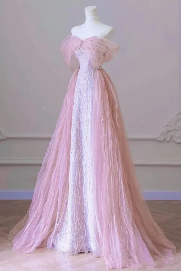 Pink A Line Sequins Tulle Floor Length Party Dress, Beaded Off Shoulder Formal Dress APP1119