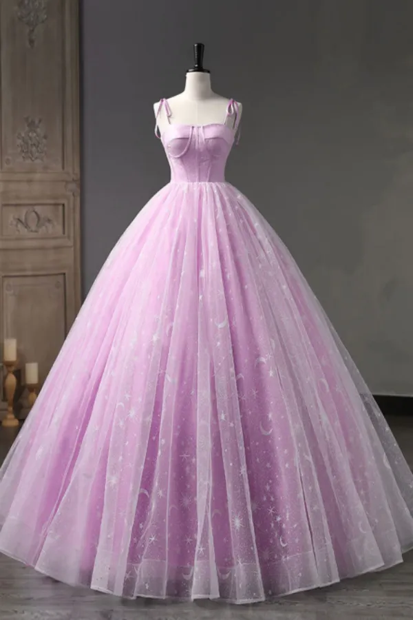 Pink A Line Tulle Long Prom Dress, Pink Formal Sweet 16 Dress APP0829