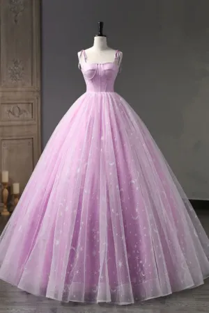 Pink A Line Tulle Long Prom Dress, Pink Formal Sweet 16 Dress APP0829