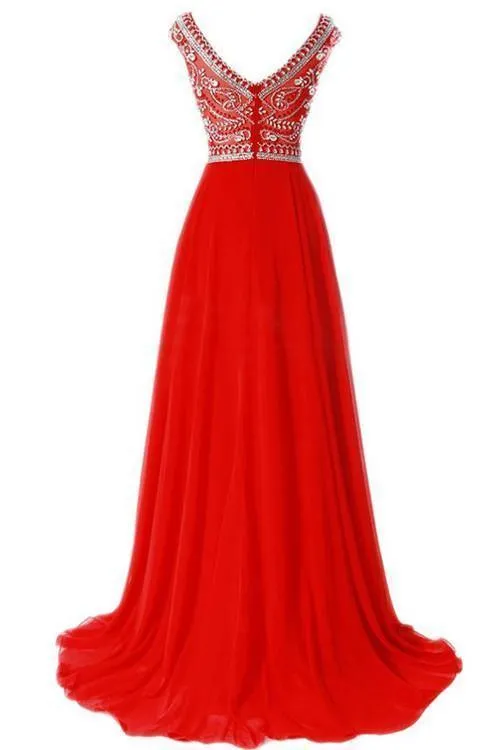Scoop Chiffon Red Long Prom Dress Evening Gowns With Beading PG 213