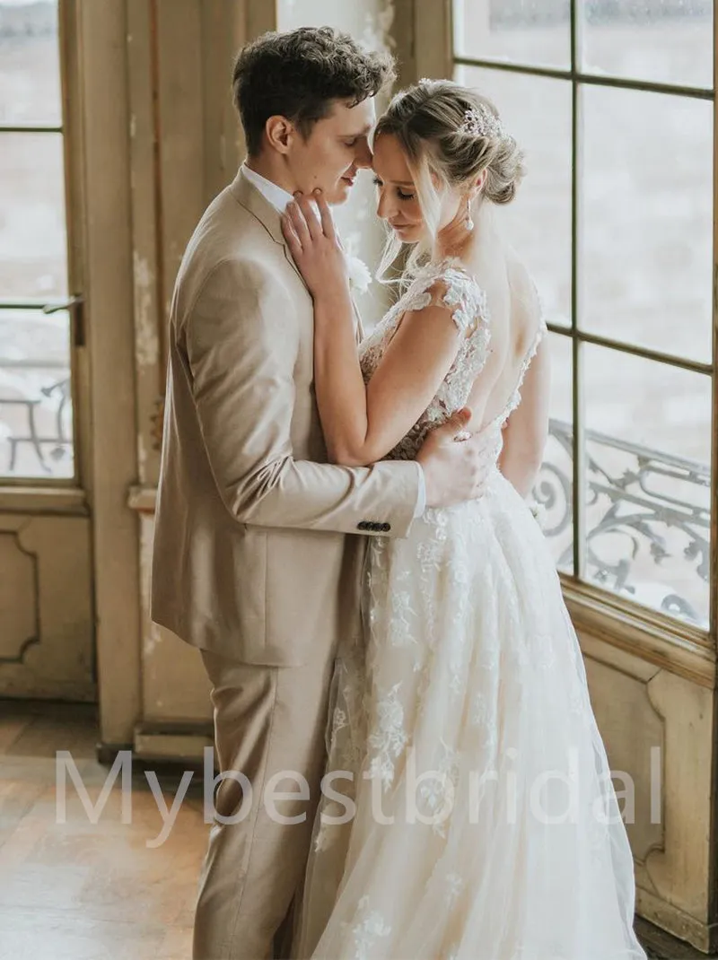 Sexy V-neck Cap-sleeves A-line Lace applique Wedding Dresses,WDY0317