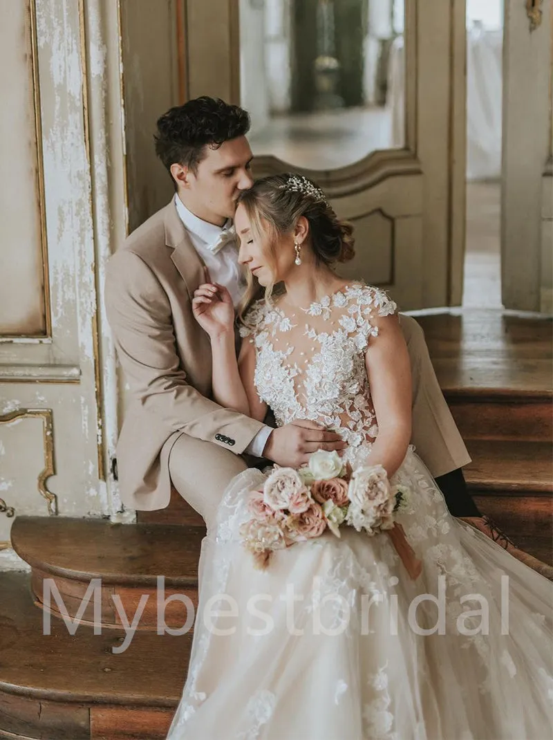 Sexy V-neck Cap-sleeves A-line Lace applique Wedding Dresses,WDY0317