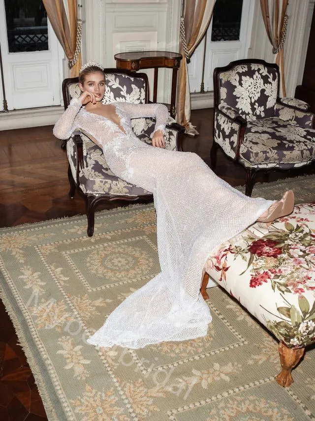 Sexy V-neck Long Sleeves Mermaid Lace Applique Wedding Dresses, WDY0353