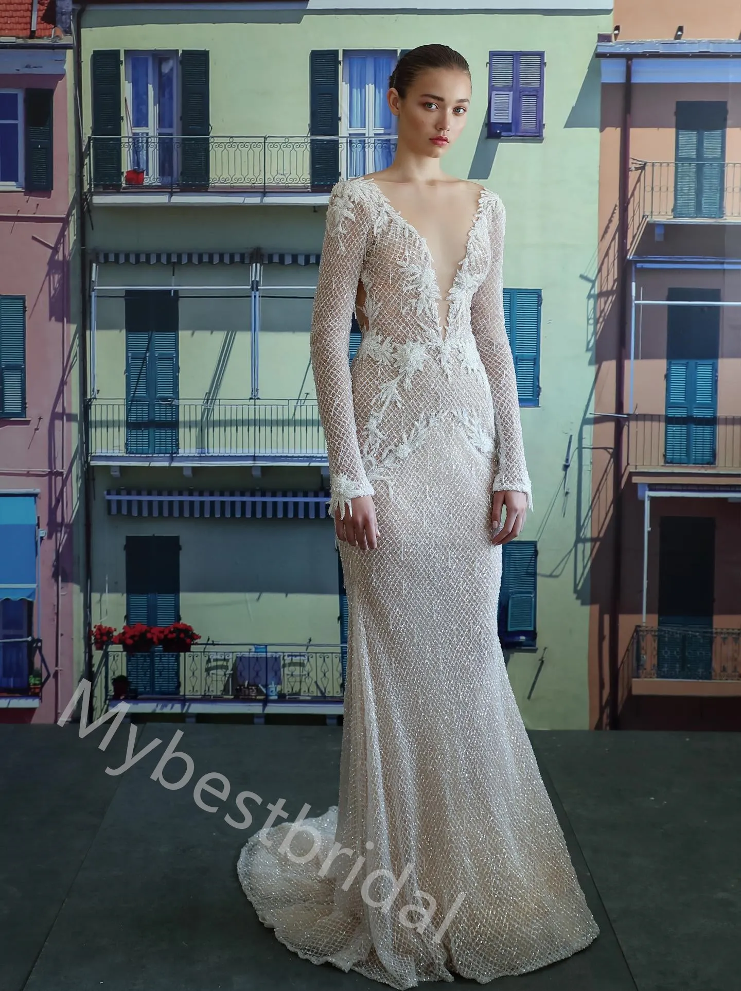 Sexy V-neck Long Sleeves Mermaid Lace Applique Wedding Dresses, WDY0353