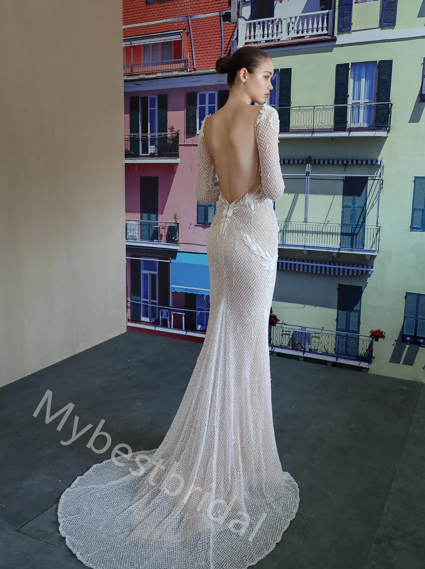 Sexy V-neck Long Sleeves Mermaid Lace Applique Wedding Dresses, WDY0353