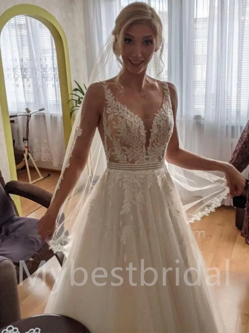 Sexy V-neck Spaghetti straps A-line Lace applique Wedding Dresses,WDY0316