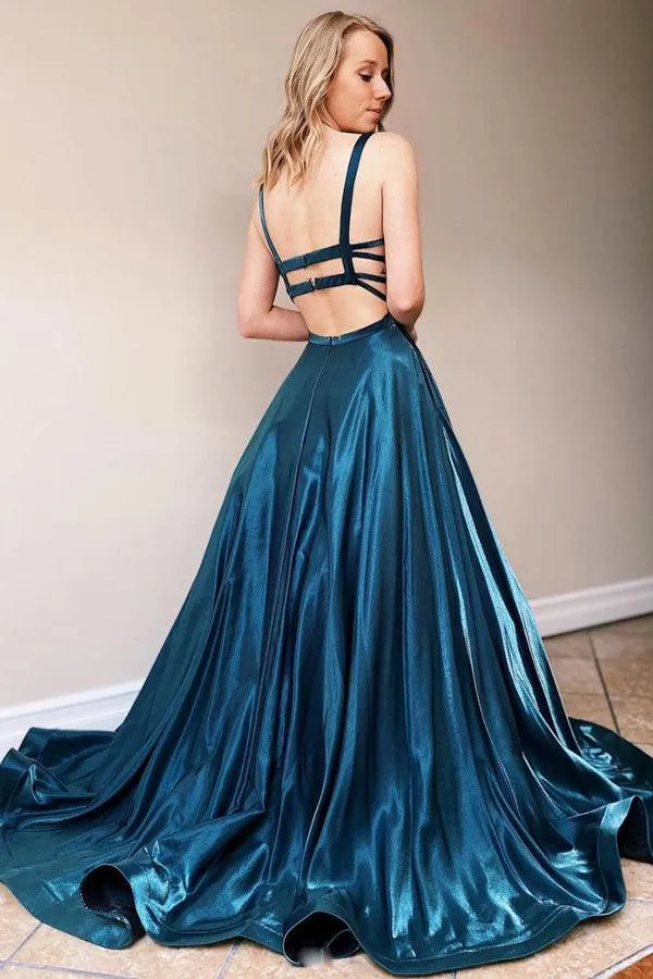 Simple Satin Blue Long Prom Dress Round Neck Evening Dress TP1047
