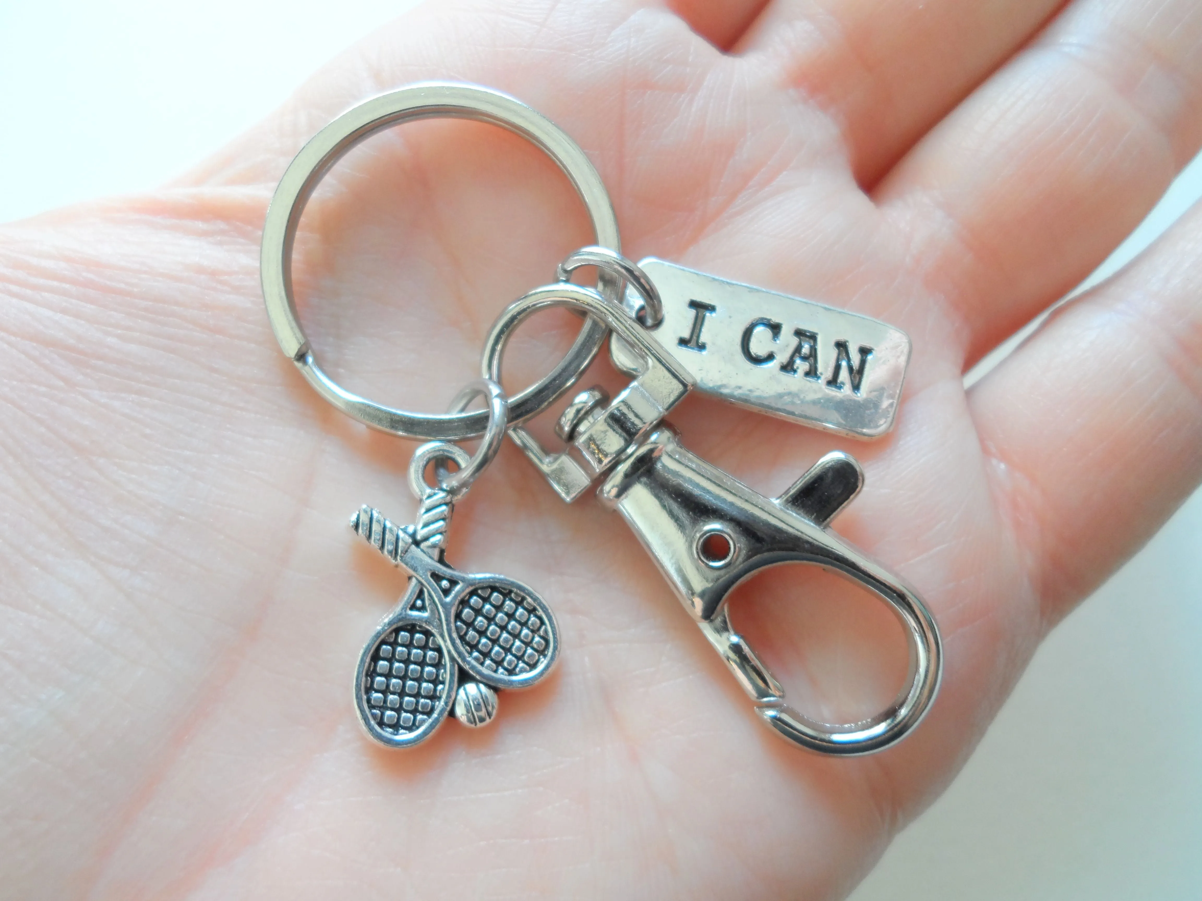 Tennis Keychain with I Can Charm and Swivel Clasp Hook, Tennis Player or Teacher Keychain