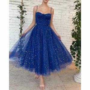 Tulle Prom Dresses Tea Length Spaghetti Straps A Line Pleated Formal Evening Gowns