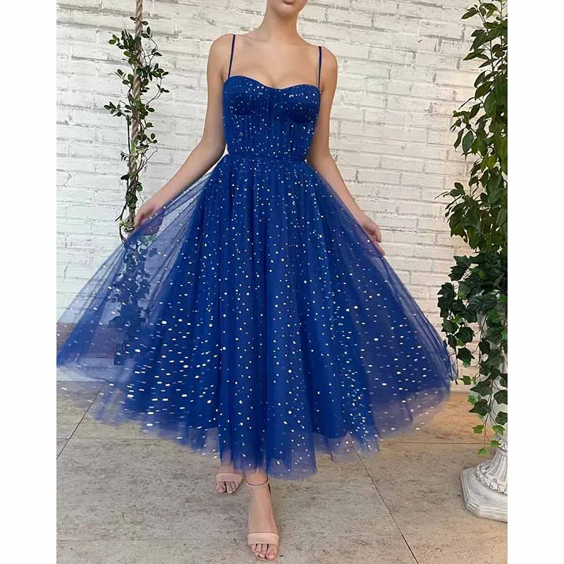 Tulle Prom Dresses Tea Length Spaghetti Straps A Line Pleated Formal Evening Gowns
