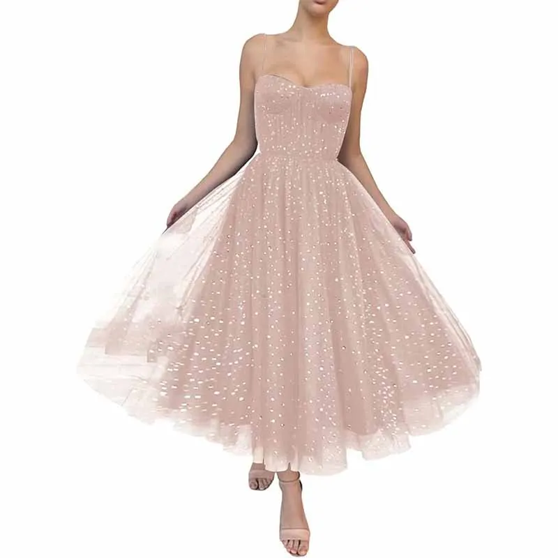 Tulle Prom Dresses Tea Length Spaghetti Straps A Line Pleated Formal Evening Gowns