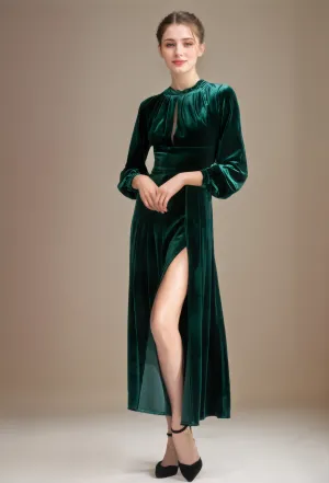 Vintage Velvet Dress with Long Sleeves, Ruched Bodice, and Thigh Slit