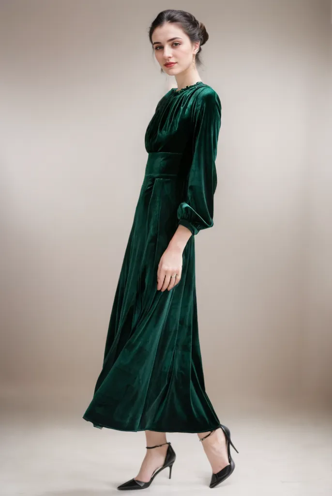 Vintage Velvet Dress with Long Sleeves, Ruched Bodice, and Thigh Slit