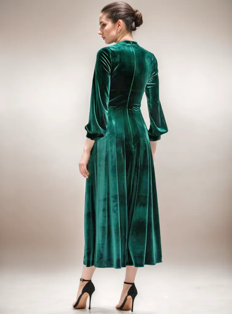 Vintage Velvet Dress with Long Sleeves, Ruched Bodice, and Thigh Slit