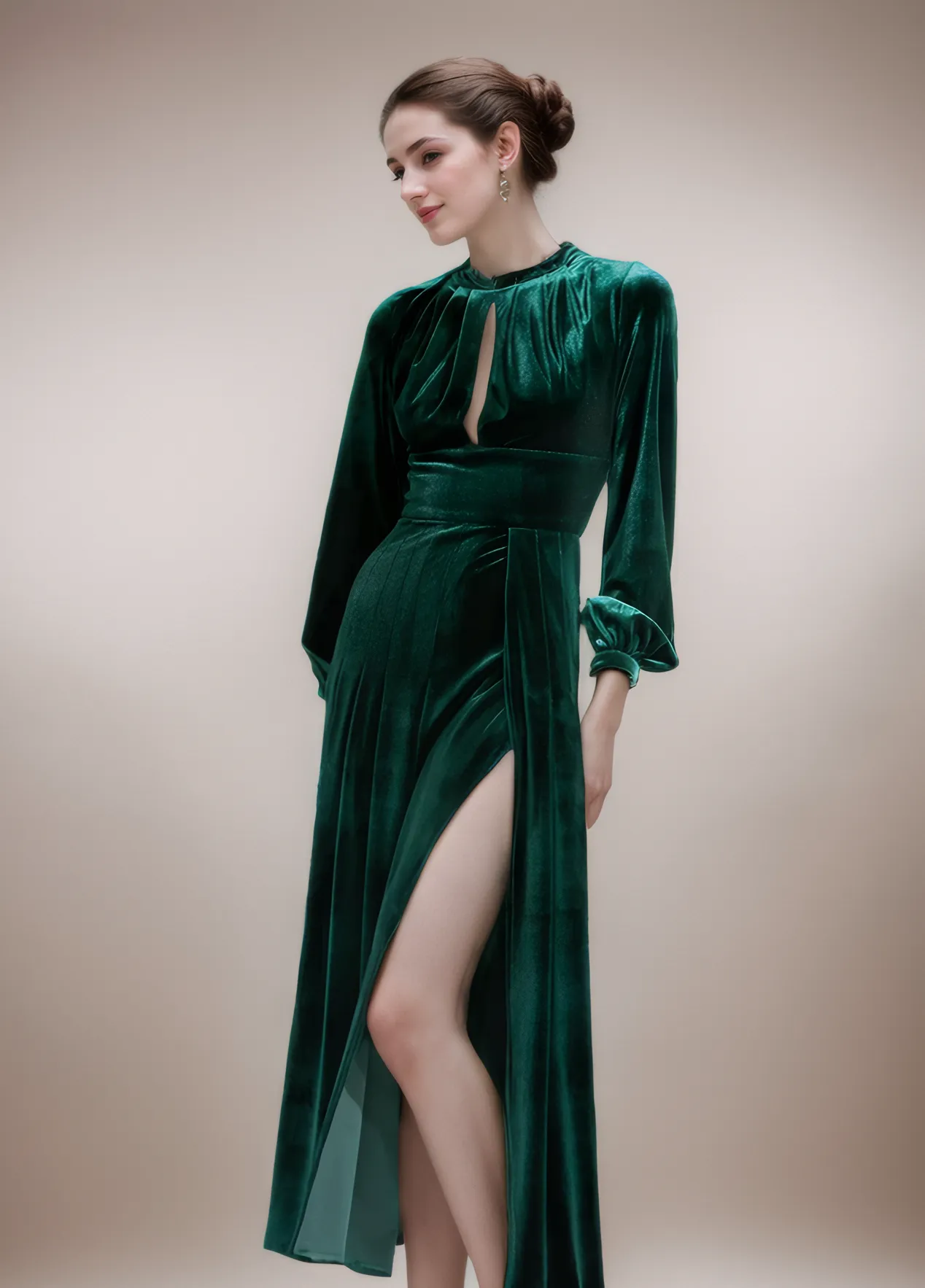 Vintage Velvet Dress with Long Sleeves, Ruched Bodice, and Thigh Slit