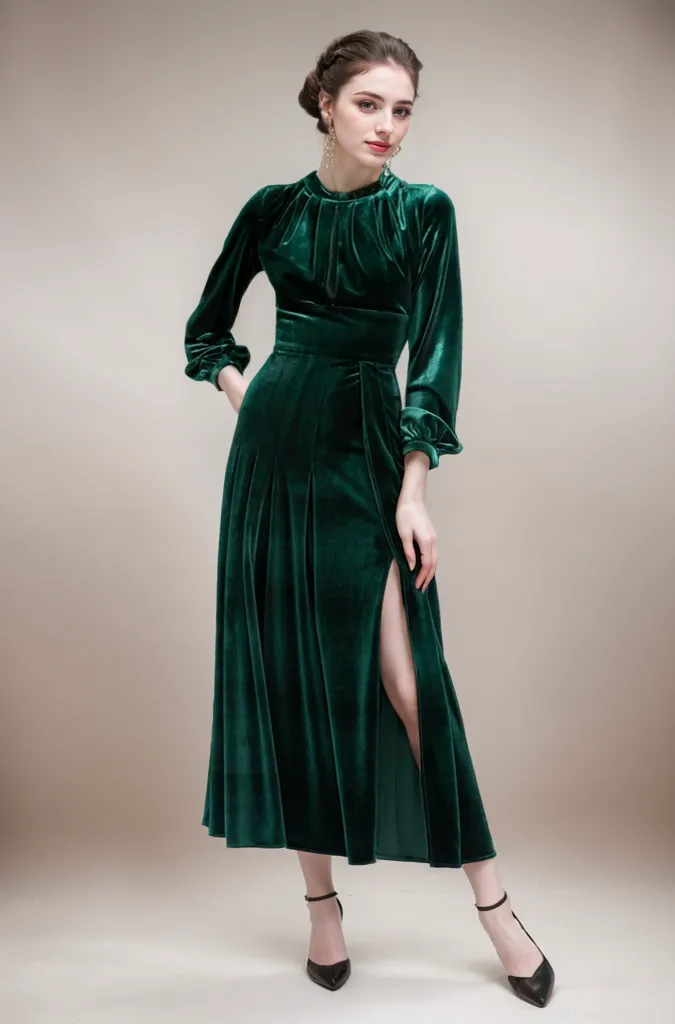 Vintage Velvet Dress with Long Sleeves, Ruched Bodice, and Thigh Slit
