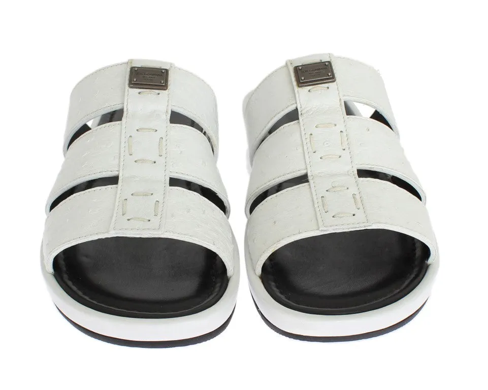 White Ostrich Leather Slides Sandals