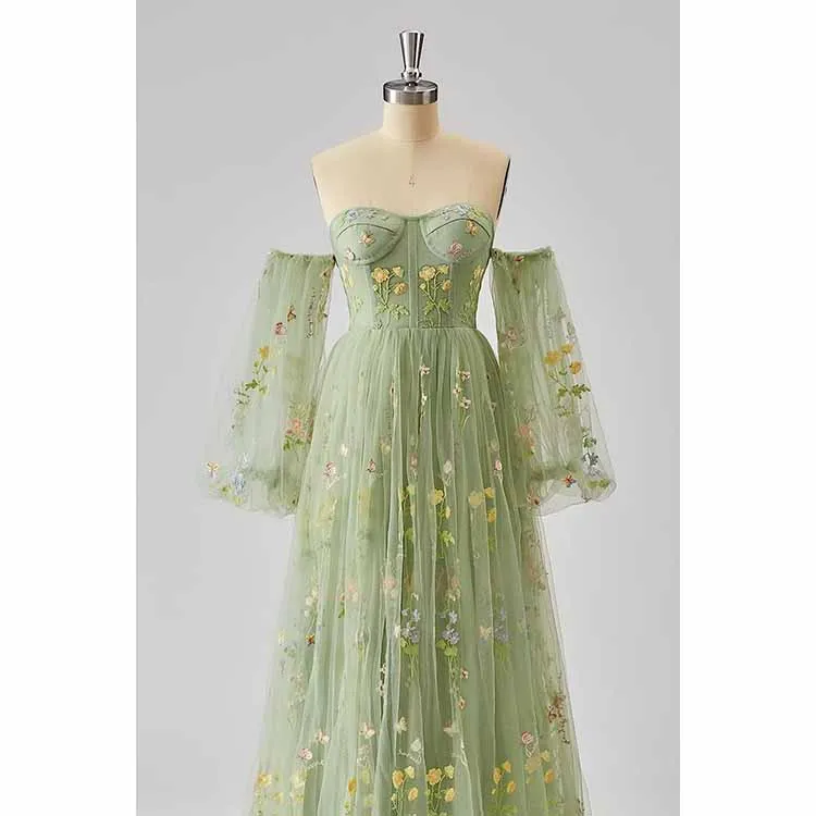 Womens Flower Embroidery Tulle Prom Dress Formal Evening Party Gowns