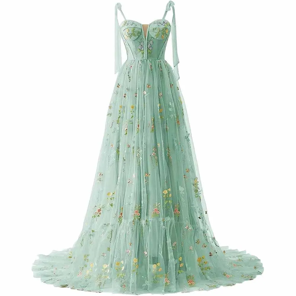 Women's Tulle Prom Dress formal Flower Embroidery Evening Party Gowns