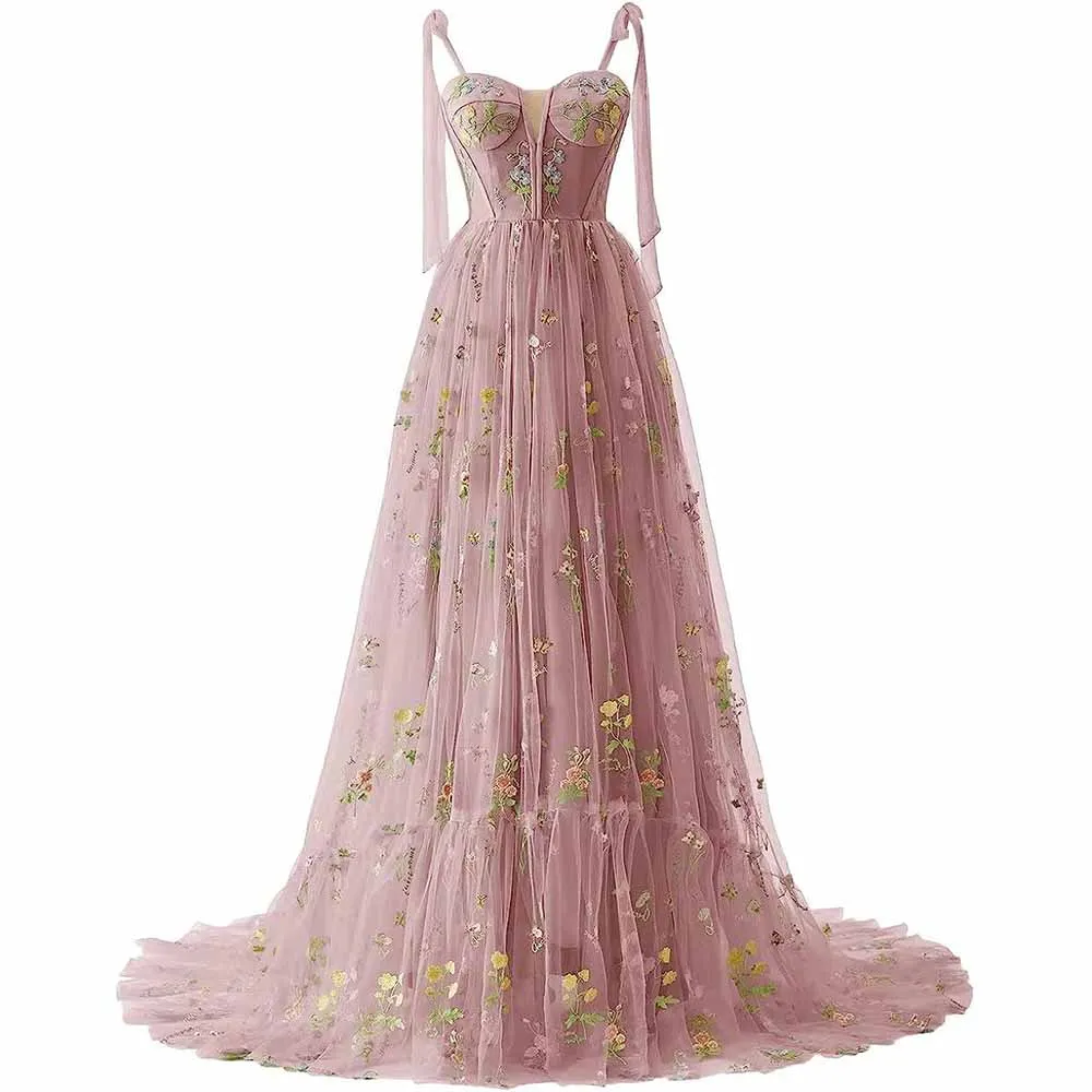 Women's Tulle Prom Dress formal Flower Embroidery Evening Party Gowns
