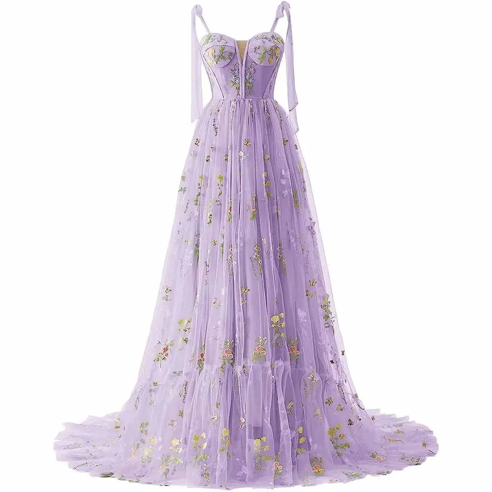 Women's Tulle Prom Dress formal Flower Embroidery Evening Party Gowns