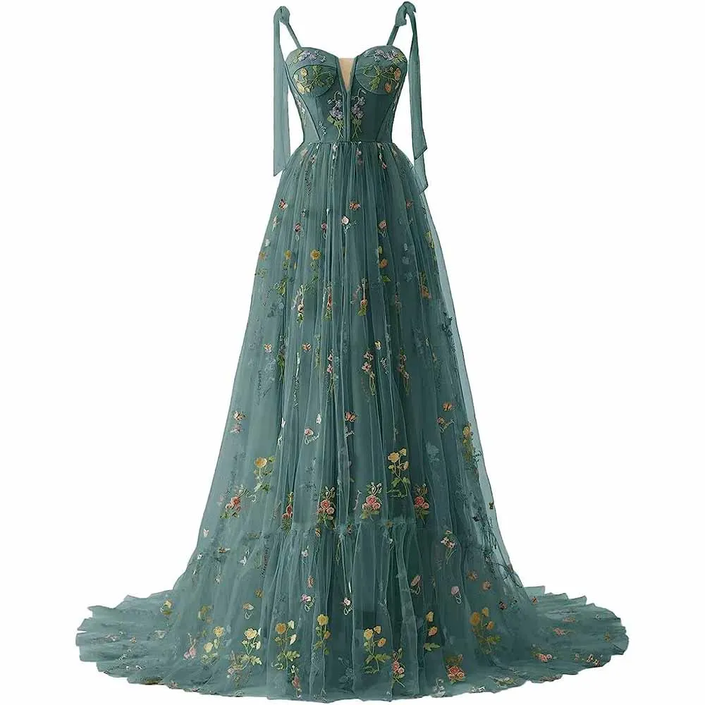Women's Tulle Prom Dress formal Flower Embroidery Evening Party Gowns